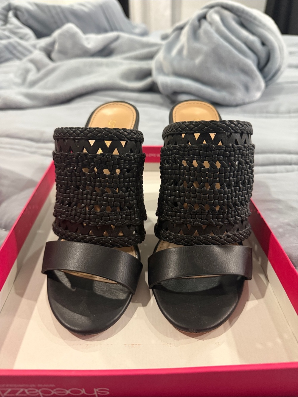 Shoe Dazzle Black Woven Slide Heels